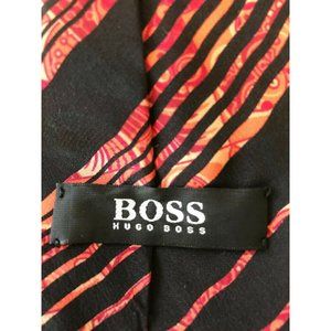 Boss Hugo Boss Orange Black Decorative Swirls Striped Italian Pointed Silk Tie